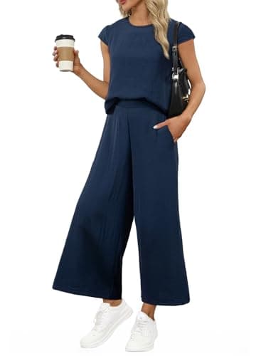 EVALESS 2 Piece Sets for Women Spring 2026 Vacation Outfits Beach Vacation Clothes Cap Sleeve Summer Tops Wide Leg Pants Matching Sets Women Clothing Cruise Outfits Navy Blue Large - Image 1