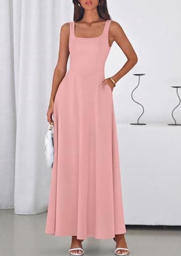 PRETTYGARDEN Womens Summer Dresses 2026 Sleeveless Elegant Square Neck Aline Swing Maxi Beach Wedding Guest Dress Pockets (Pink,Medium) - Thumbnail 3
