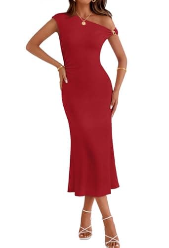 MEROKEETY Women's Summer One Shoulder Cocktail Dresses 2026 Wedding Guest Formal Elegant Party Midi Dress, Red, XL - Image 1