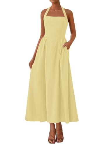 KIRUNDO Summer Dresses for Women 2026 Halter Maxi Wedding Guest Party Cocktail Semi Formal Elegant Classy Long Sundress(Yellow, XX-Large) - Image 1