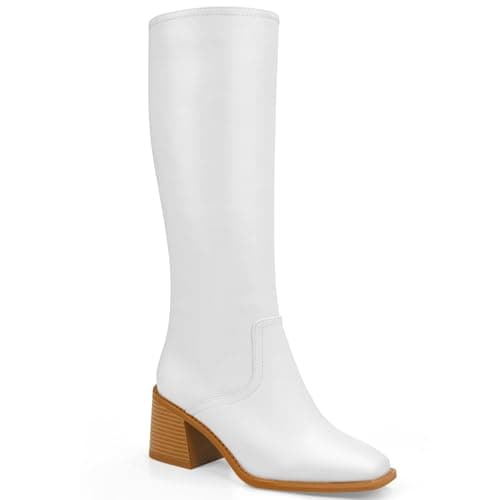 Quorvash Knee High Boots Women - Long Elastic Faux Leather Boots Tall Square Toe Chunky Block High Heel Shoes with Side Zipper White 8 - Image 1