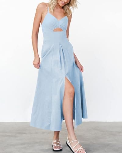 BTFBM Women 2026 Spaghetti Strap Midi Summer Dresses Sleeveless V Neck Cutout Slit Casual Beach Party Maxi Dress Pockets(Light Blue, Medium) - Thumbnail 4