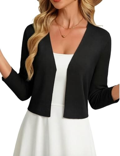 GRACE KARIN Black Blazers for Women Cropped Lightweight Cardigan Sweater 3/4 Sleeve Knit Bolero Shrugs for Dress Summer Fashion - Image 1