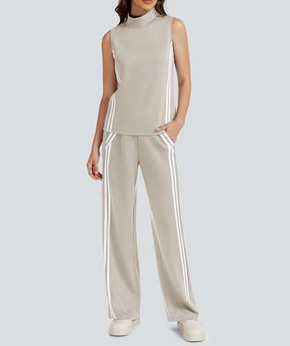Casly Lamiit Two Piece Sets for Women Lounge Travel Outfits Casual Sweatsuit Matching Airport Clothes Sleeveless Tops Long Jogging Pants Dark Beige S - Thumbnail 3