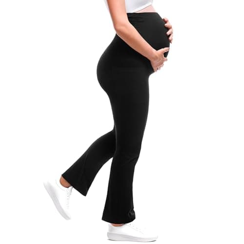 Walifrey Maternity Flared Leggings with Pocket Over The Belly Buttery Soft Pregnancy Yoga Pants Navy Blue L - Thumbnail 4