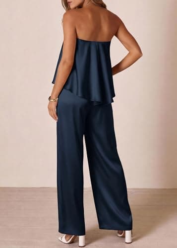 KIRUNDO Strapless Jumpsuits For Women Dressy 2026 Casual Satin Summer Romper Flowy Tube Top One Piece Vacation Outfits(Navy Blue, Small) - Thumbnail 4