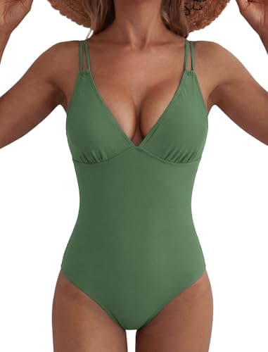ZAFUL Swim Suits for Women 2025 Sexy One Piece Bathing Suit Cheeky Slimming Push Up Tummy Control Swimsuits Deep V Neck High Cut Beach Swimwear Double Straps Cross Back Tie Romper Swimsuits Green M - Image 1