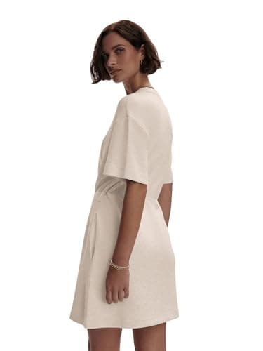 COCOMARTS Dresses for Women Summer Short Sleeve Crew Neck Sweatshirt Dress Drawstring Waist Tunic Tops Mini Vacation Sundress Apricot Small - Thumbnail 4