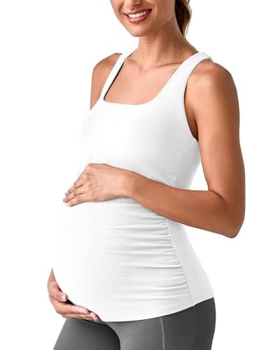 G4Free Maternity Yoga Tank Tops Workout Pregnancy Clothes Yoga Tanks Slim Fit Hip Length Comfy with Built in Bra Casual Camisole(White,XS) - Image 1