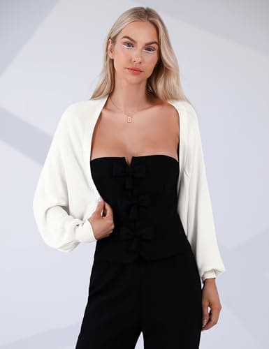 Totatuit Women's Long Sleeve Bolero Shrug for Dresses Open Front Knit Cropped Cardigan Loose Y2K Cardigan Sweater White - Thumbnail 5