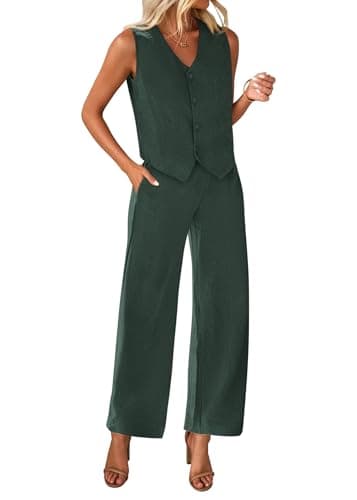 KIRUNDO Two Piece Outfits for Women Summer Sets 2026 Trendy Button Crop Vest Wide Leg Pantsuit Matching Set Spring Fashion Clothes(Dark Green, XX-Large) - Image 1