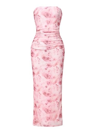 OutfitShow Womens Summer Bodycon Maxi Dresses 2026 Floral Strapless Tube Slit Ruched Mesh Cocktail Party Long Dress, Pink Rose L - Image 1