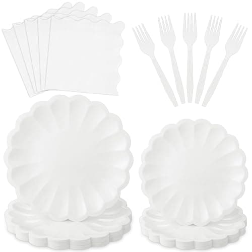 96 Pcs White Paper Plates and Napkins Party Supplies Serve 24 Guests Include Scalloped Dinner Plate 9.5", Dessert Plate 7.5", Napkins Plastic Forks for Baby Bridal Shower Wedding Birthday