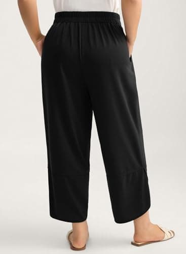 AlvaQ Womens Plus Size Fashion Wide Leg Pants Casual Loose High Waisted Lounge Palazzo Harem Trousers with Pockets Black 1X - Thumbnail 4