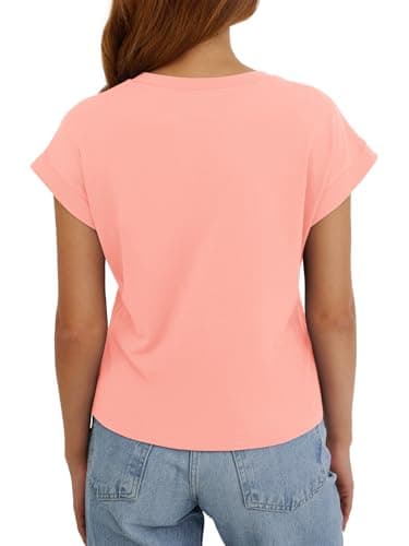 Womens Crop Tops Cap Sleeve T Shirts Cotton Crewneck Loose Fit Trendy Short Sleeve Tops for Women 2026 Coral - Thumbnail 5