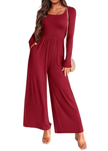 KIRUNDO Long Sleeve Jumpsuit for Women 2026 Spring Outfits Summer One Piece Square Neck Wide Leg Pants Romper With Pockets(Wine Red, X-Large) - Image 1