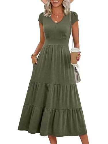 Prinbara Womens Summer Midi Dresses Casual 2026 Cap Sleeve V Neck Empire Waist Flowy Tiered Smocked Boho Vacation Dress Olive Large - Image 1