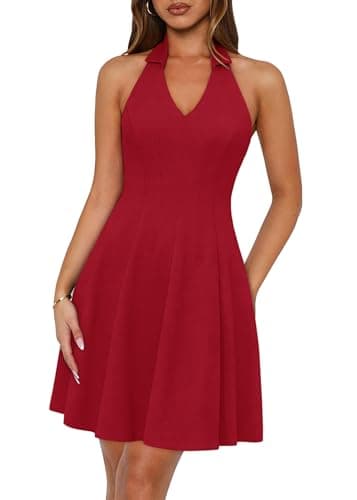 Lazysmile Summer Dresses for Women Sleeveless Halter Lapel V Neck Backless A Line Formal Cocktail Party Short Dress Red - Image 1