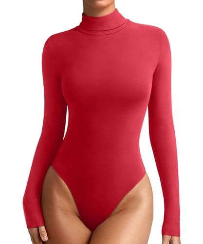 REORIA Womens Turtleneck Long Sleeve Tight Shirts Basic Tummy Control Bodysuit Thermal Underwear Tops Fall Clothes Ribbon Red Medium - Image 1