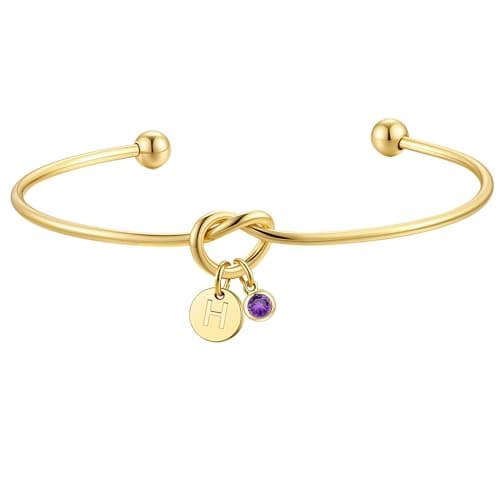 Turandoss Birthstone Bracelets for Women, Dainty 14K Gold Plated Disc Initial H Heart Knot Bangle Bracelet, February Purple Created Amethyst Birthstone Initial Bracelet Friendship Jewelry for Girls - Image 1