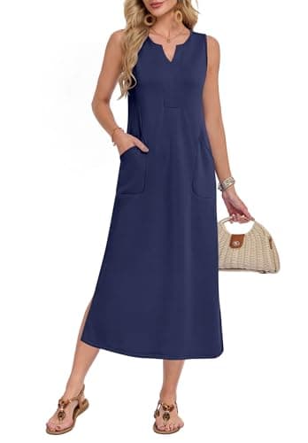 WNEEDU Spring Midi Dress 2026 V Neck Sleeveless Side Slit Wrinkle-Free Loose Sun Dresses with Pockets Beach Hawaiian Wear,Navy Blue,L - Image 1