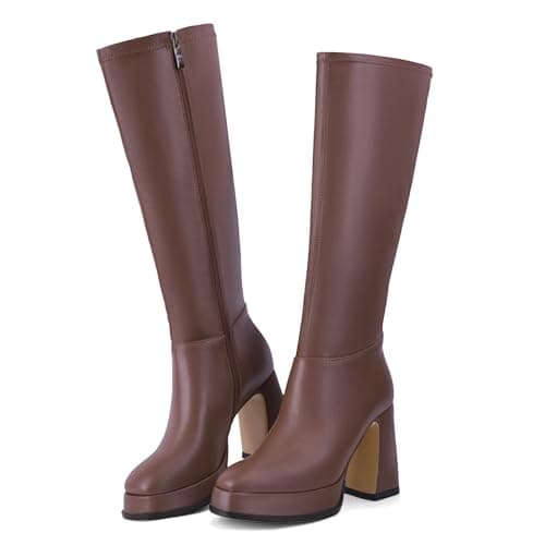 QIV Brown Platform Knee High Boots for Women Square Toe Chunky Block Heel Tall Gogo Boots with Zipper Size 8 - Image 1