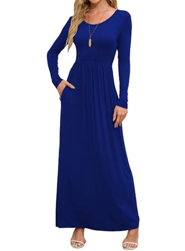 DEARCASE Maxi Dress for Women Dark Blue XX-Large Crewneck Long Sleeves Wedding Guest A-line Plain Casual Empire Waist Flowy Party Vintage Spring Fall Winter Floor Dresses with Pocket - Image 1