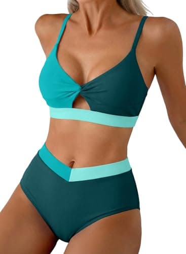 Herseas Womens Modest Swimsuits Two Piece Tummy Control Full Coverage Bathing Suit Trendy Twist Push Up Bikini Set Padded High Rise Swimwear Teens Girls Peacock Green Large - Image 1