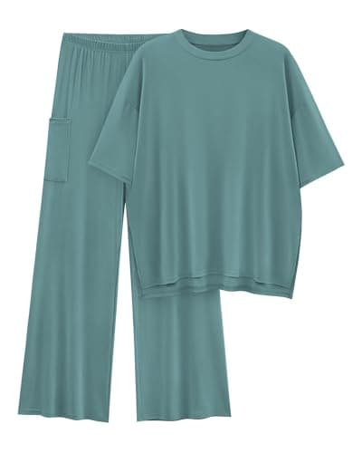 KIRUNDO 2 Piece Lounge Sets for Women Airport Travel Vacation Outfits Summer Casual Loose Short Sleeve Tops & Wide Leg Pants(Fruit Green, XX-Large) - Image 1