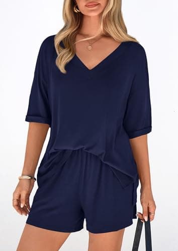 PRETTYGARDEN Womens 2 Piece Sets 2026 Oversized Vneck Half Sleeve Tops Shorts Lounge Set Casual Summer Travel Beach Outfits (Navy Blue,Large) - Thumbnail 5