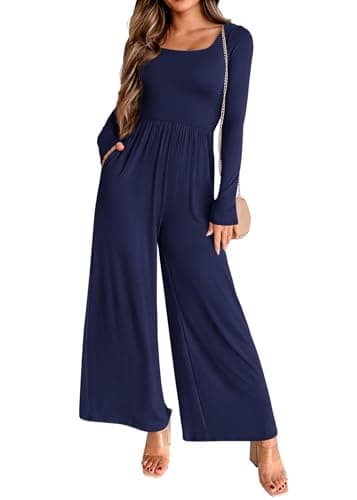 KIRUNDO Long Sleeve Jumpsuit for Women 2026 Spring Outfits Summer One Piece Square Neck Wide Leg Pants Romper With Pockets(Navy, X-Large) - Image 1