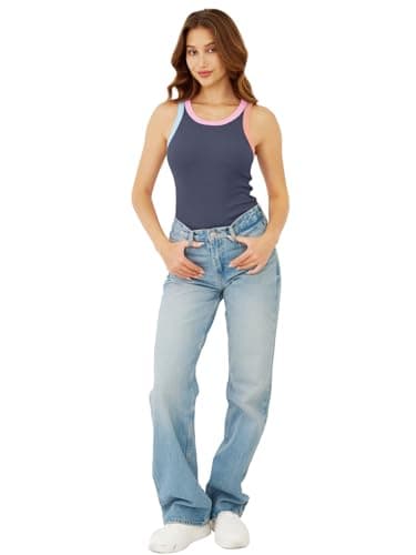 GKBK Womens Colorblock Ribbed Tank Tops Crewneck Fitted Cute Sleeveless Racerback Basic Casual Summer Cami Shirts Navy - Thumbnail 6