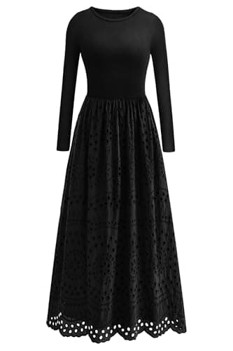 dowerme Women Spring Dresses 2026 Casual Long Sleeve Crewneck A-Line Boho Eyelet Cotton Maxi Wedding Guest Dress Pockets(Black,Small) - Image 1