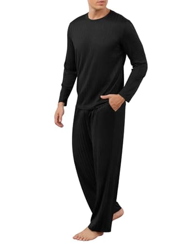 RQP Men's Pajama Set Ribbed Lounge Wear Silky Smooth 2 Piece Sleepwear,Stretch Home Outfits for Men,Black - Image 1