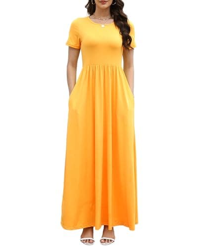COSSEN Women’s Crewneck Short Sleeve Maxi Dress Yellow Large with Pockets – Casual Loose Swing Sundress for Wedding Guest, Beach & Vacation - Image 1
