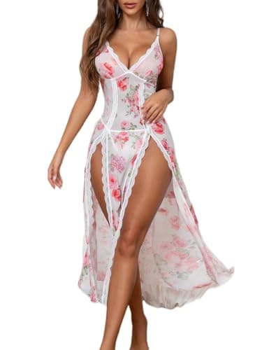 PITINAN Sexy Nightgowns for Women Floral Nightgown Lace Babydoll Chemise Wedding Lingerie Cute Lingerie Sets for Women White-Pink Floral L - Image 1