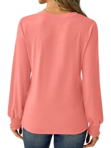 GKBK Womens Long Sleeve Shirts Fall Tops V Neck Business Dressy Casual Blouses with Smocked Cuffs Coral - Thumbnail 4