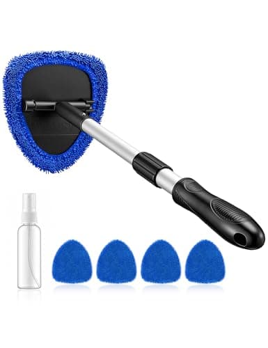 AstroAI Windshield Cleaner Tool, Car Interior Detailing Cleaning Kit with Extendable Handle and 4 Upgraded High-Density Reusable Microfiber Pads, Auto Glass Wiper Brush Kit for Cars, Blue, 15.9in-21in
