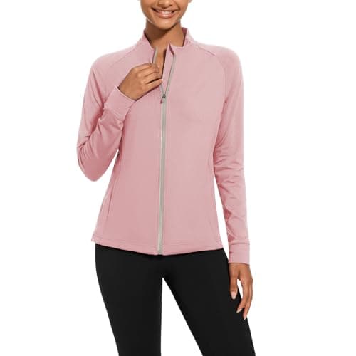 bpbtti Women's Polar Fleece Zip Up Workout Jackets with Pockets Slim Fit Cottony Soft Jacket for Running Athletic Yoga (Peach skin,Small) - Image 1