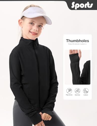 Gihuo Girls Zip Up Workout Jacket Lightweight Athletic Horse Riding Jackets Cropped Gym Yoga Track Shirts with Thumb Holes(Black-7-8Y) - Thumbnail 4