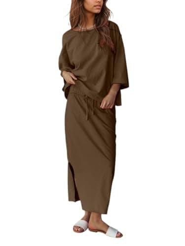 Halfword 2 Piece Sets for Women Oversized Shirt and Maxi Skirt Set Vacation Clothes Casual Lounge Set with Pockets Coffee S - Image 1