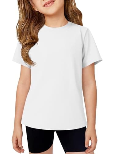 Humordream Girls Athletic Shirts Kids Short Sleeve Crewneck Quick Dry Workout Yoga Tops Basic Tees Activewear White - Image 1