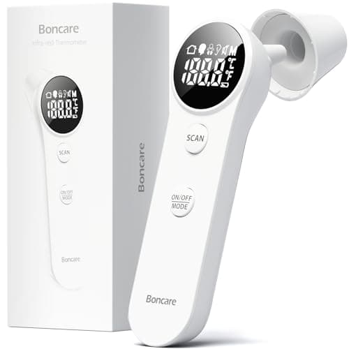 Boncare Ear and Forehead Thermometer, 2X Accuracy Infrared Digital Thermometer for Adults and Kids, 1 Second Reading, No Touch Baby with Fever Alarm