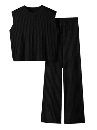 Imily Bela Womens 2 Piece Outfits Sweater Sets Knit Summer Casual Crewneck Sleeveless Tops Wide Leg Pants Tracksuits, Black, Small - Image 1