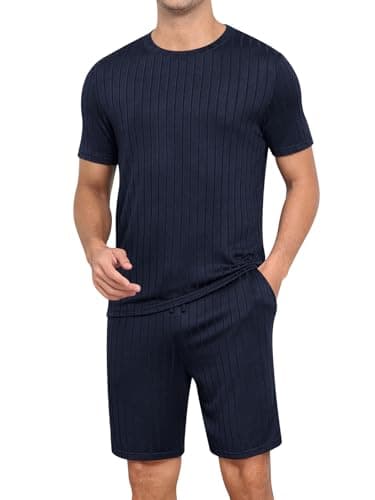 RQP Men's Pajama Set Summer Lightweight Ribbed Lounge Wear Breathable 2 Piece SleepShorts & Tee,Stretch Home Outfits for Men,Dark Blue - Image 1
