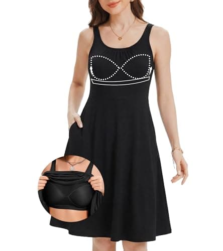 ANYFITTING Built in Bra Summer Dresses for Women 2026 Casual Short Dress Flowy Midi Sundresses Beach Vacation Outfits Black - Image 1