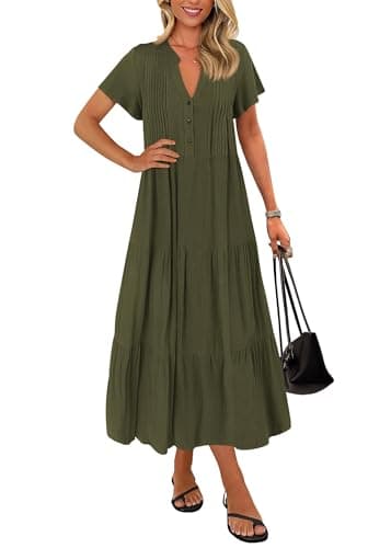 KIRUNDO Summer Maxi Dresses for Women 2026 Spring Fashion Short Sleeve Button V Neck Pleated Loose Tiered Swing Flowy Dress(Army Green, X-Large) - Image 1