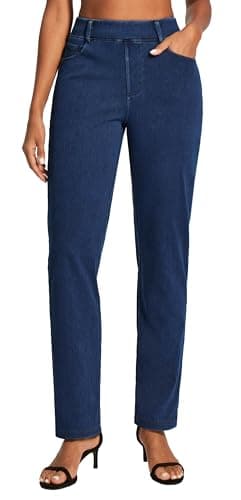 IUGA Straight Leg Jeans for Women Stretchy Pull On Sweatpant Jeans Women High Waisted Bootcut Jean Trendy Denim Pants Dark Blue - Image 1