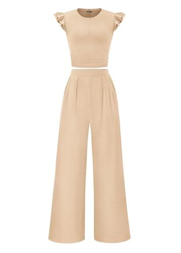 KIRUNDO Two Piece Sets For Women Summer 2026 Casual Cap Sleeve Cute Tops Wide Leg Pants Matching Set Travel Vacation Outfits(Beige, Large) - Image 1