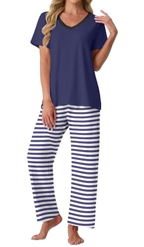 PrinStory Pajamas for Women Set Soft Pjs 2 Piece Pajama Sets Casual Pj Short Sleeve Lounge set with Pockets Dark Blue Stripe-M - Image 1